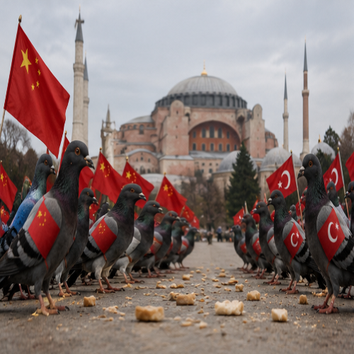 Chinese and Turkish pigeons facing off near the Hagia Sophia
