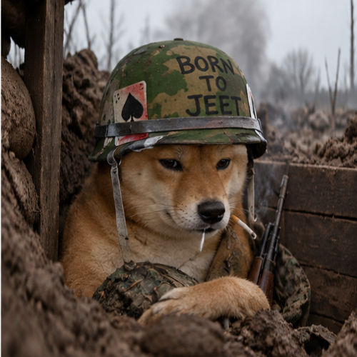 Close-up of the Shiba Inu in a military helmet, tired eyes