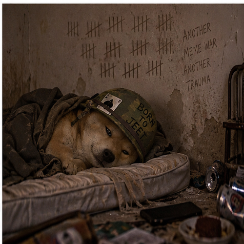 Dog lying exhausted on a dirty mattress with meme war references on the wall
