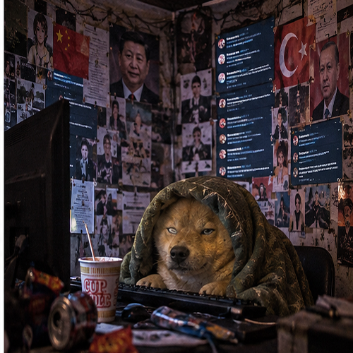 Exhausted Shiba Inu in a blanket at a computer in a room full of posts and flags