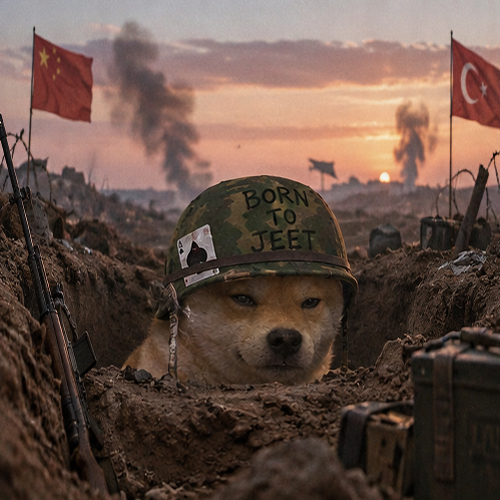 Shiba Inu in a helmet in a muddy trench, Chinese and Turkish flags behind